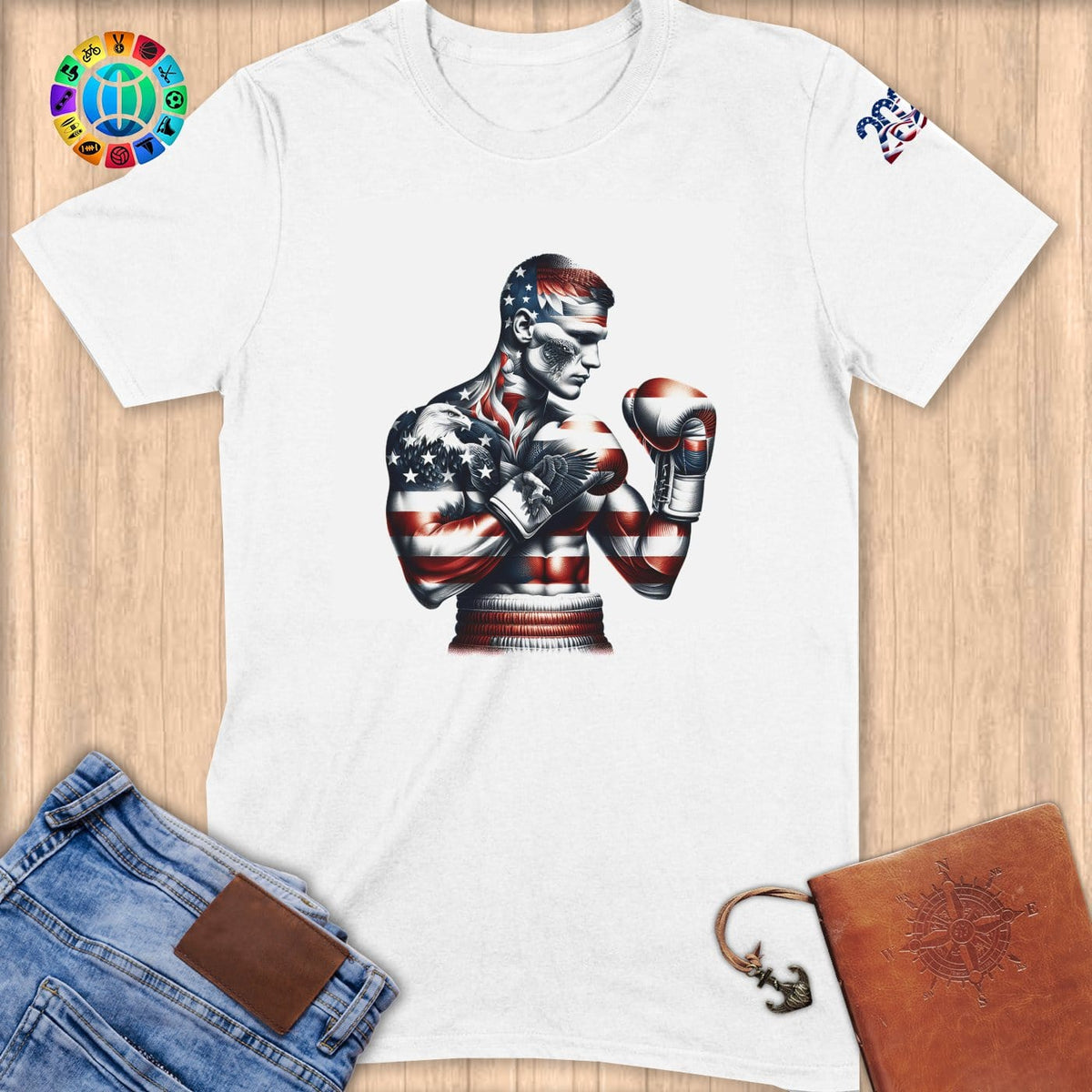 Physical Item S / White American Flag Boxer ~ Limited Edition "USA Excellence" ~ Softstyle T-Shirt