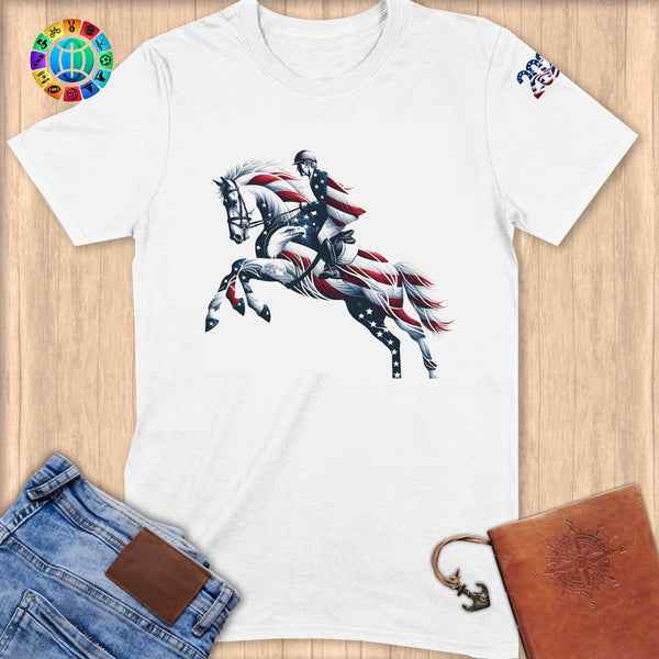 Physical Item S / White Jockey Leaps~Limited Edition 2024 "USA Excellence" ~ Softstyle T-Shirt