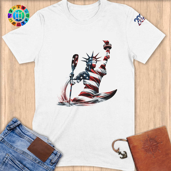 Physical Item S / White Kayaking USA Flag Statue ~ Limited Edition 2024 "USA Excellence" ~ Softstyle T-Shirt