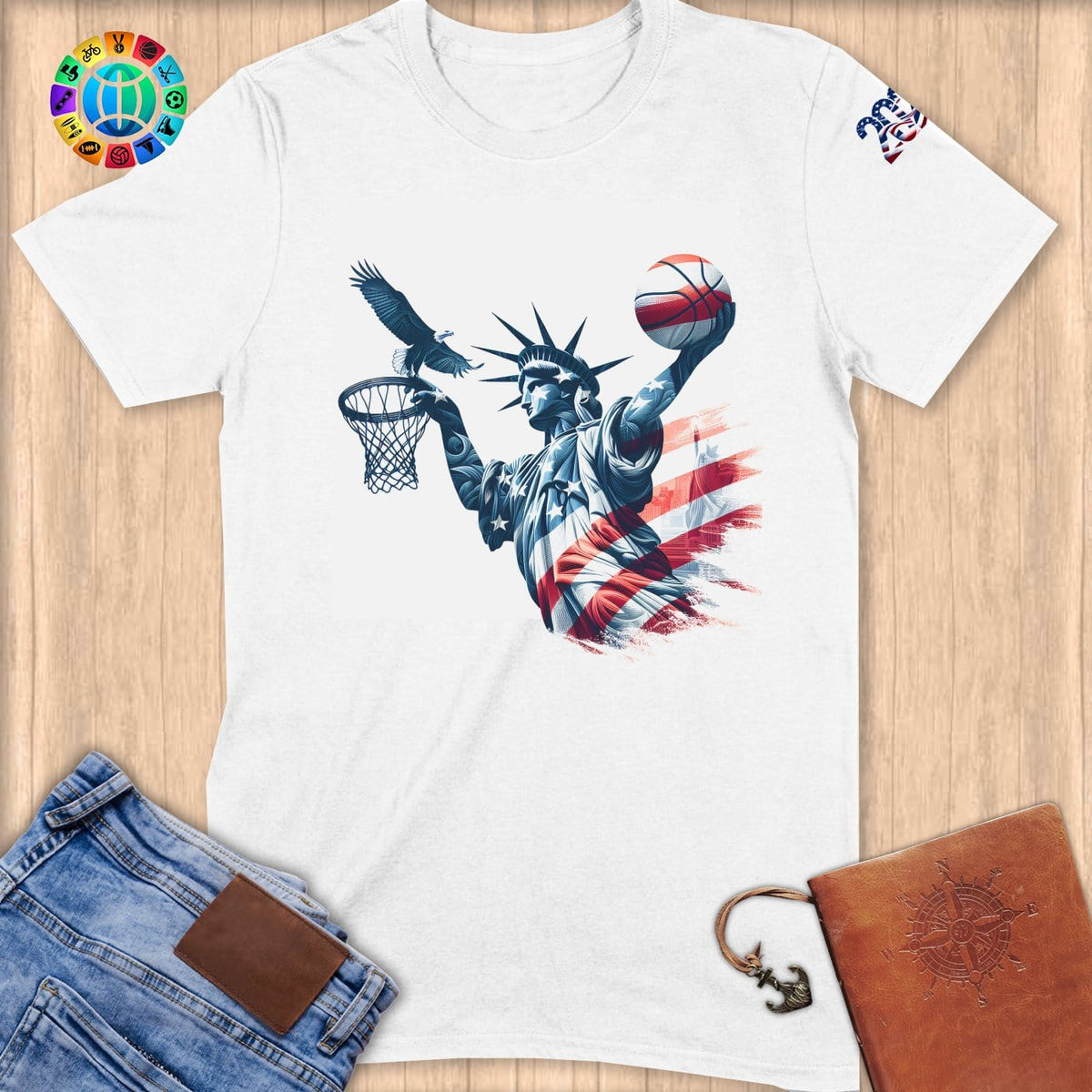 Physical Item S / White Liberty Basketball Dunk ~ Limited Edition "USA Excellence" ~ Softstyle T-Shirt