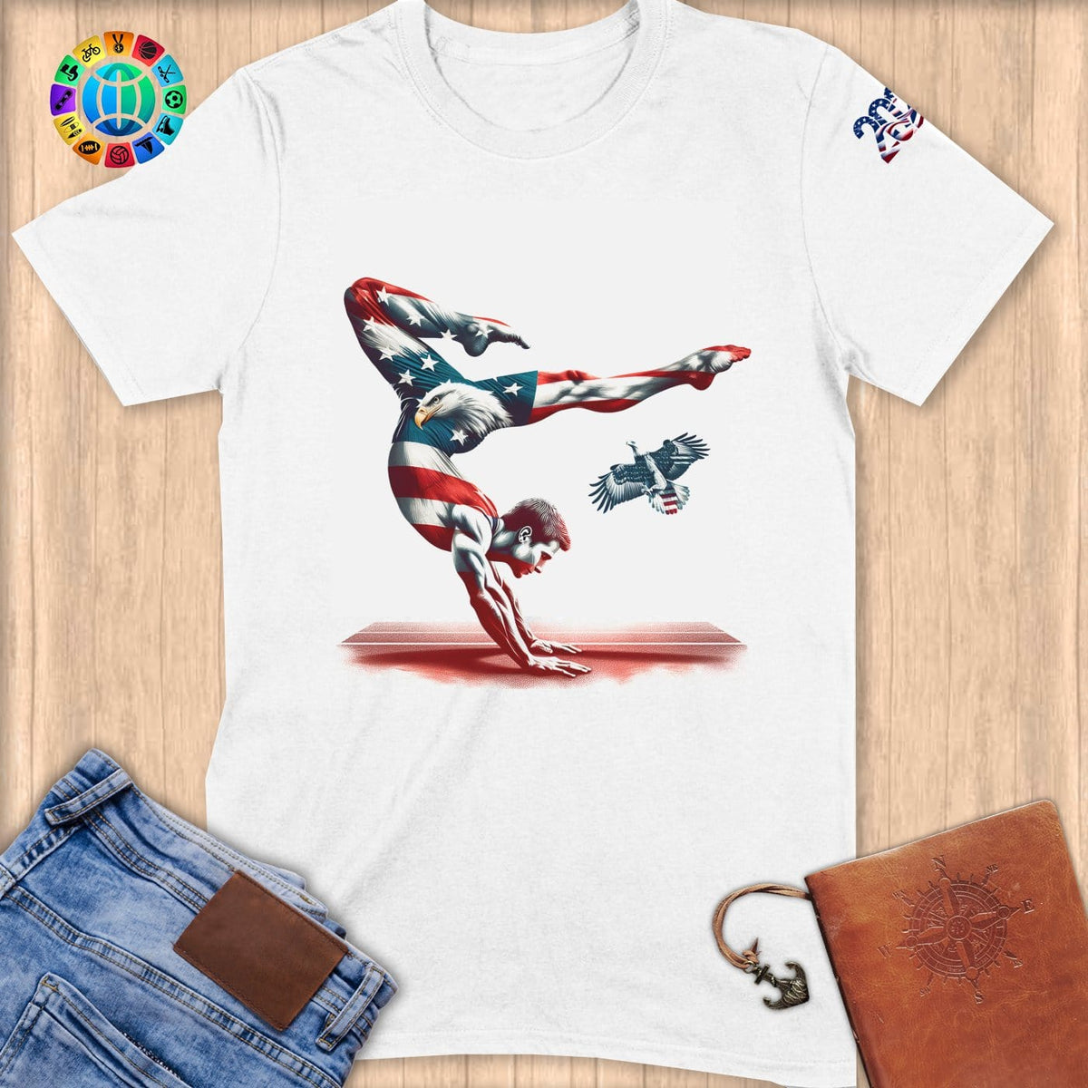 Physical Item S / White Patriotic Gymnast and Eagle ~ Limited Edition "USA Excellence" ~ Softstyle T-Shirt