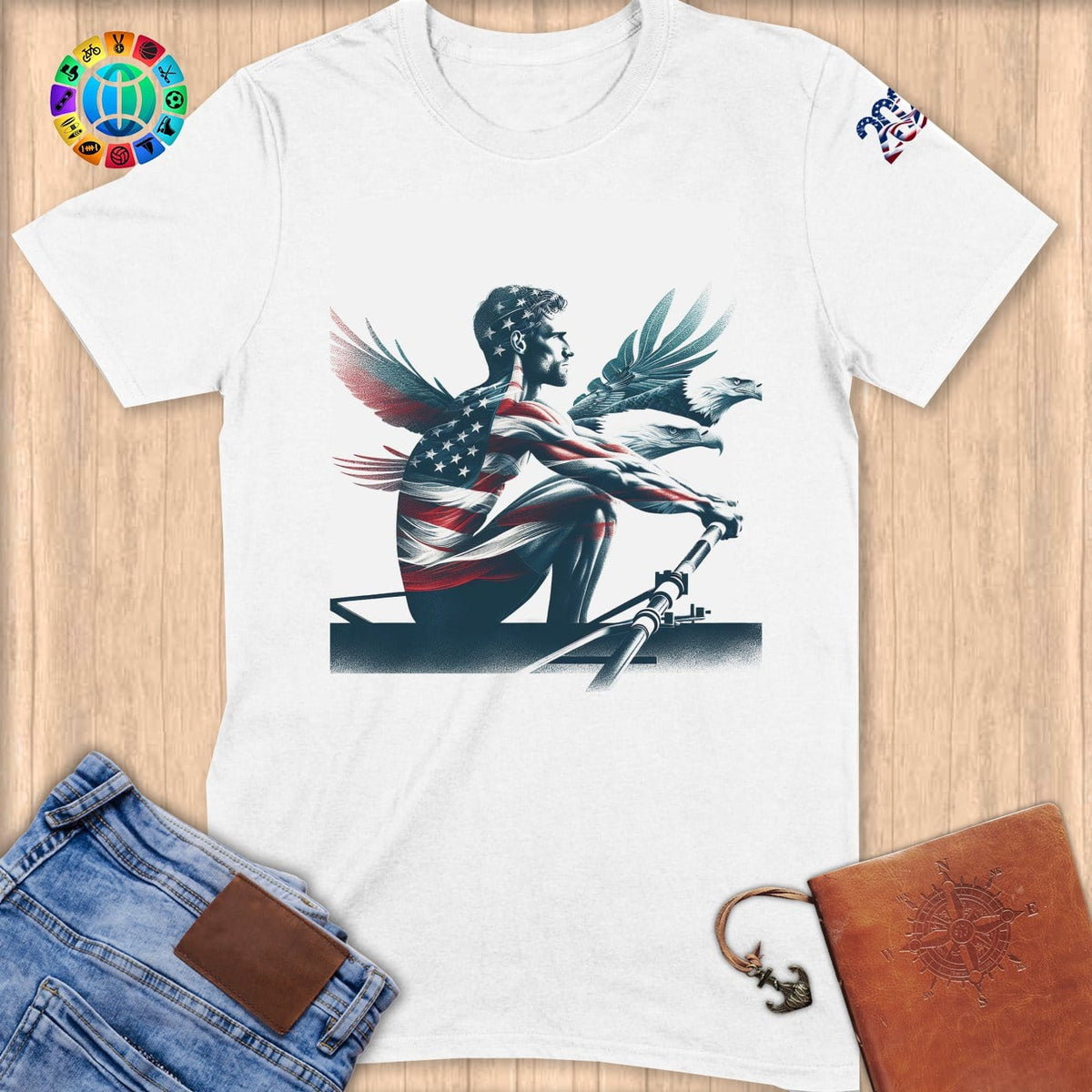 Physical Item S / White Patriotic Rower with Eagle Guides ~ Limited Edition "USA Excellence" ~ Softstyle T-Shirt