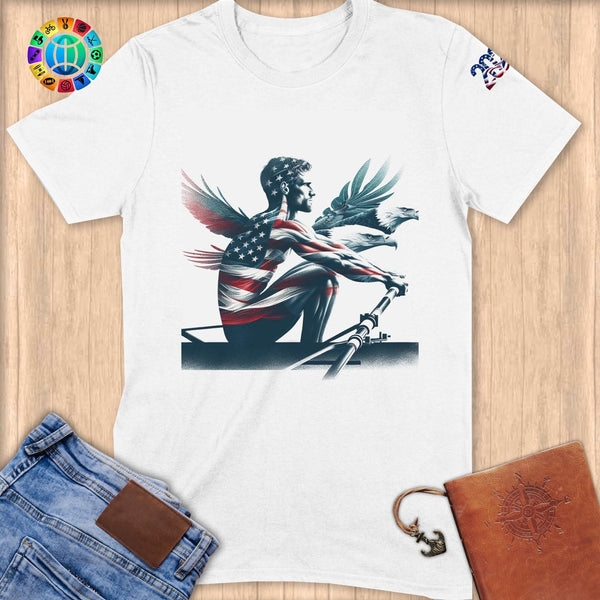 Physical Item S / White Patriotic Rower with Eagle Guides ~ Limited Edition "USA Excellence" ~ Softstyle T-Shirt