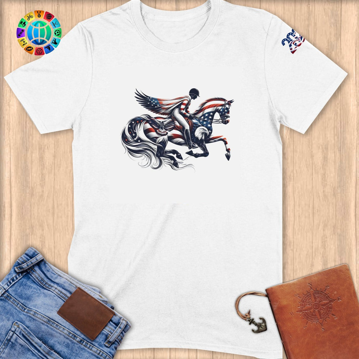 Physical Item S / White Patriotic Equestrian Rider Stars and Stripes~Limited Edition 2024 "USA Excellence" ~ Softstyle T-Shirt