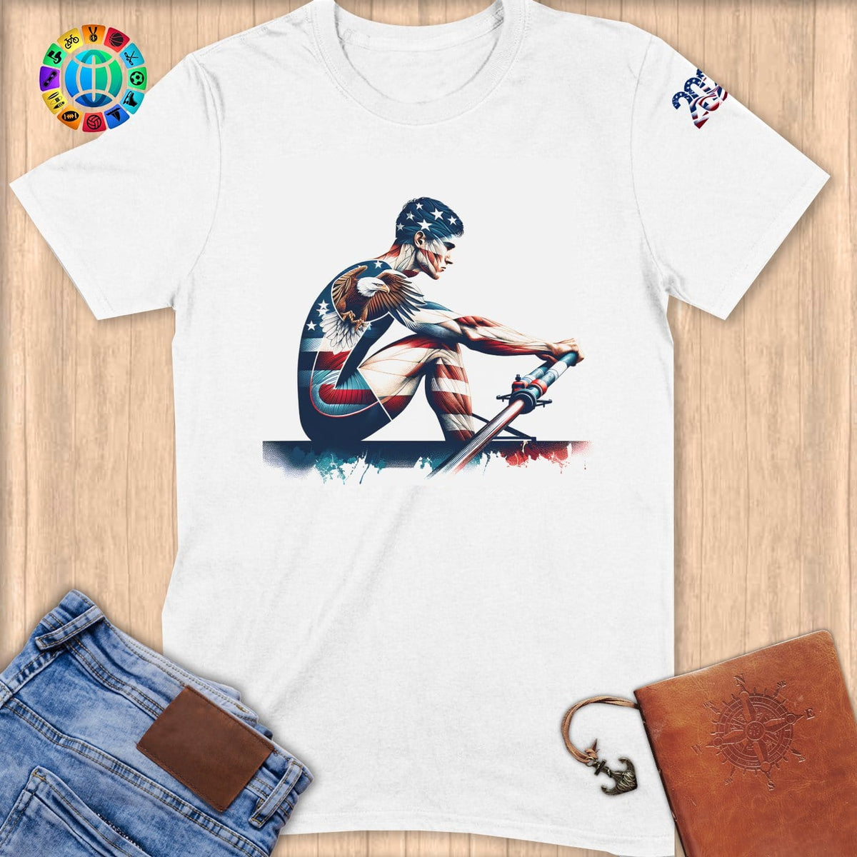 Physical Item S / White Patriotic Rower ~ Limited Edition "USA Excellence" ~ Softstyle T-Shirt