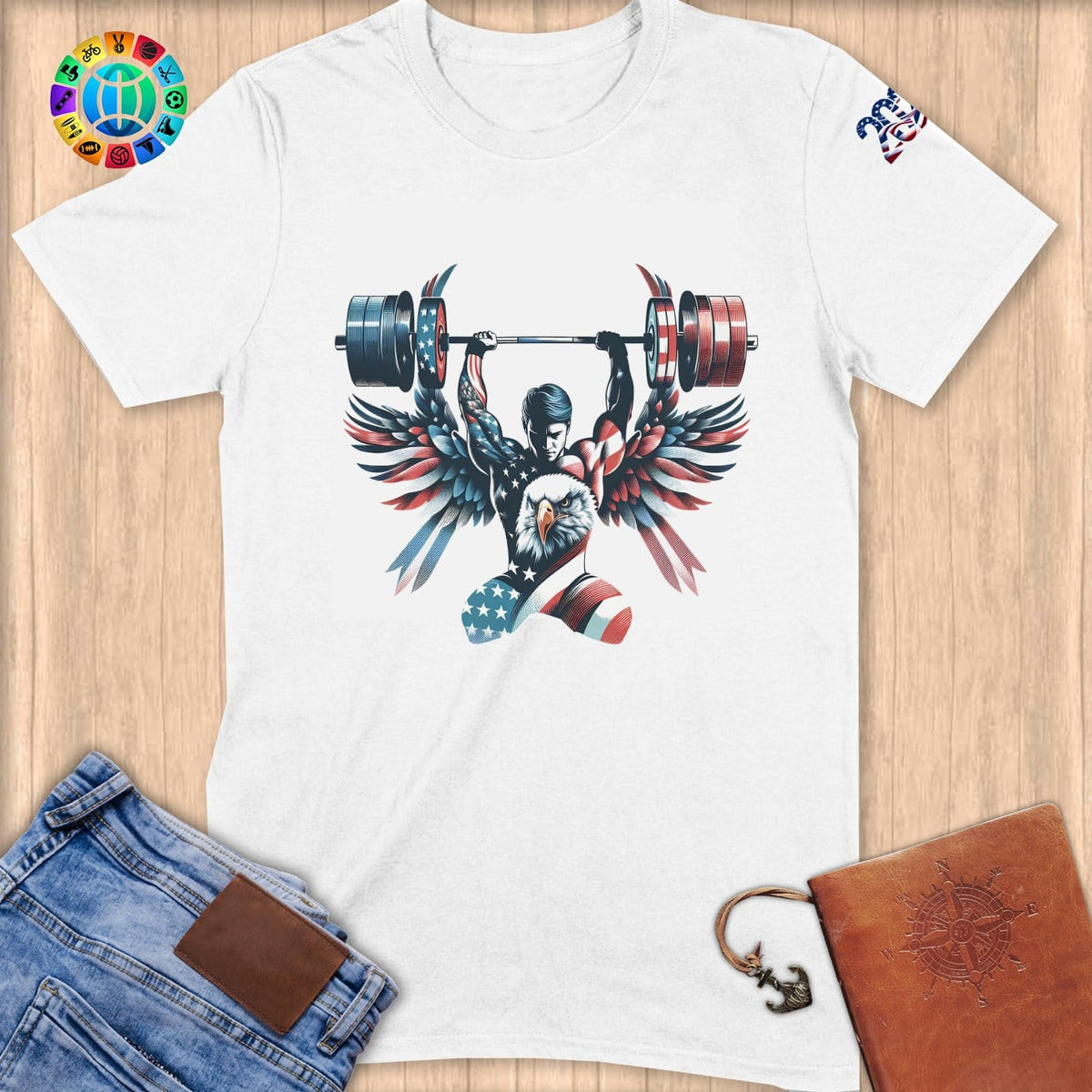 Physical Item S / White Patriotic Winged Weightlifter ~ Limited Edition "USA Excellence" ~ Softstyle T-Shirt