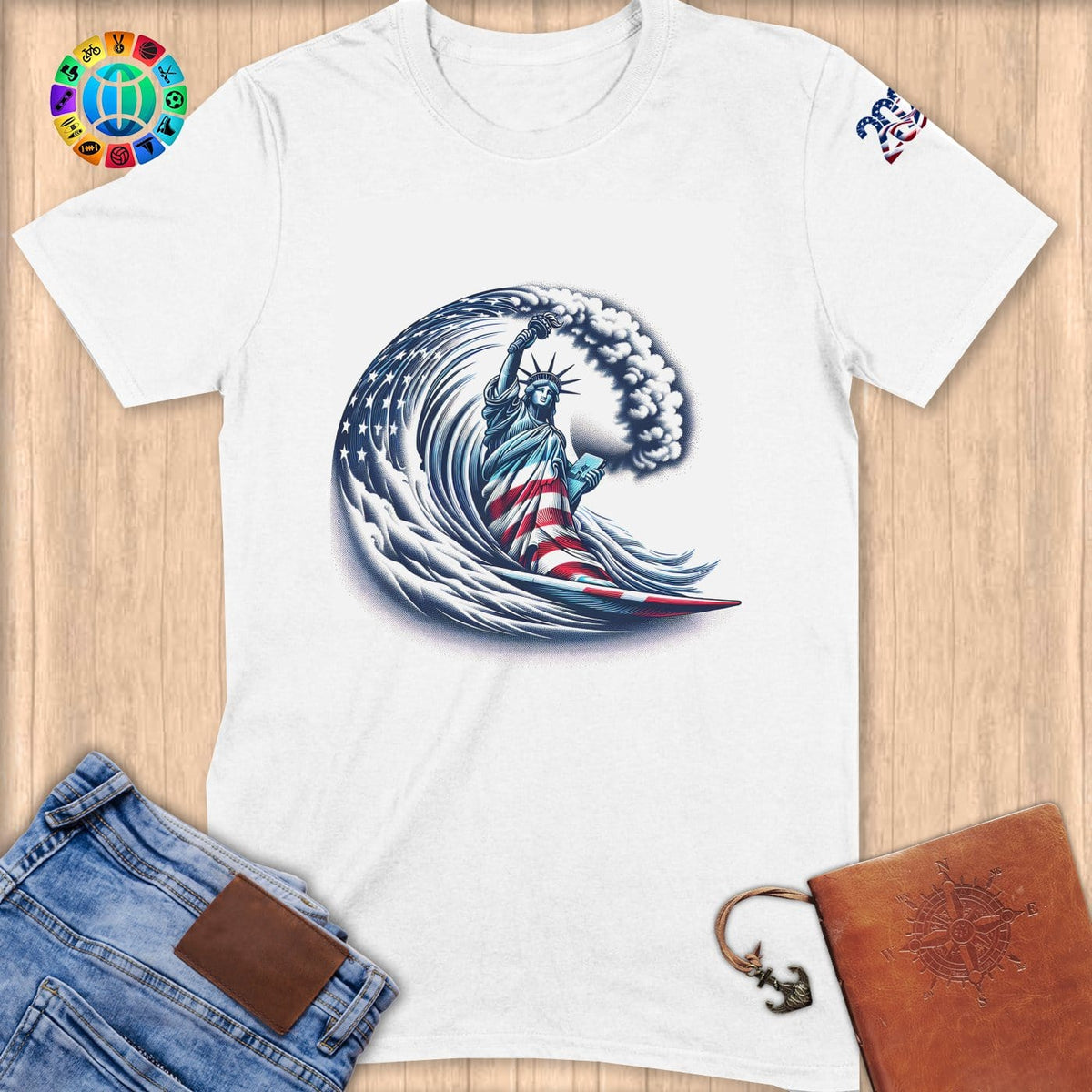 Physical Item S / White Surfing Liberty ~ Limited Edition 2024 "USA Excellence" ~ Softstyle T-Shirt