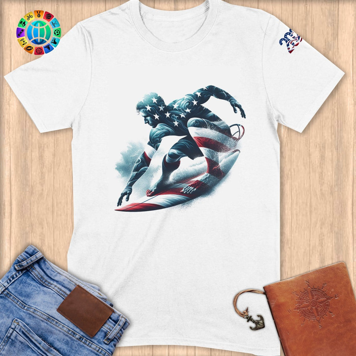 Physical Item S / White Surfing Patriot ~ Limited Edition 2024 "USA Excellence" ~ Softstyle T-Shirt