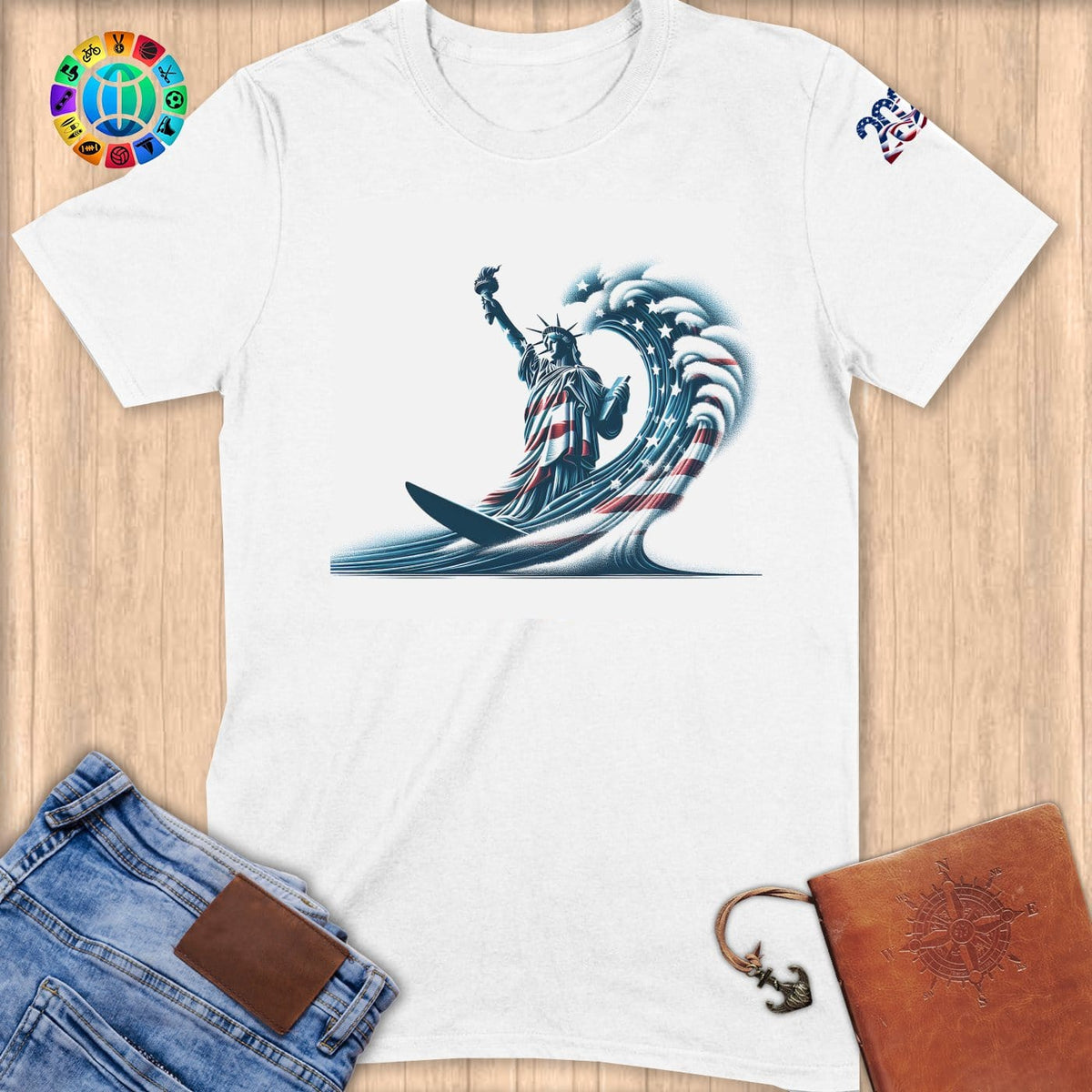 Physical Item S / White Surfing Statue of Liberty ~ Limited Edition 2024 "USA Excellence" ~ Softstyle T-Shirt